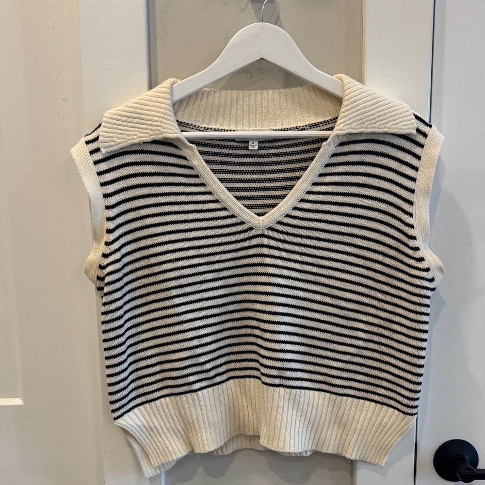 Striped V-Neck Sweater Vest - Black and Cream